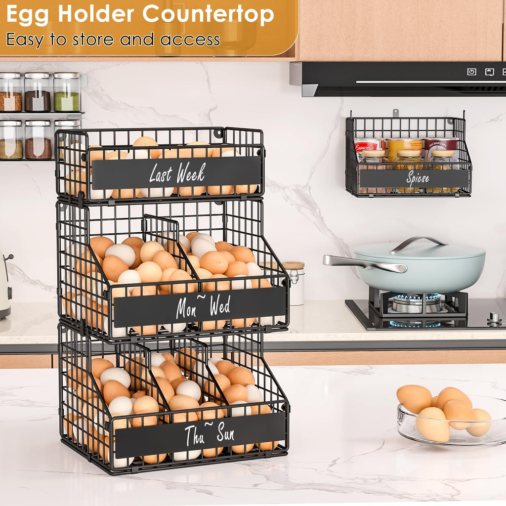 3-Tier Egg Holder Countertop with Labels & Marker, Stackable Wire Basket