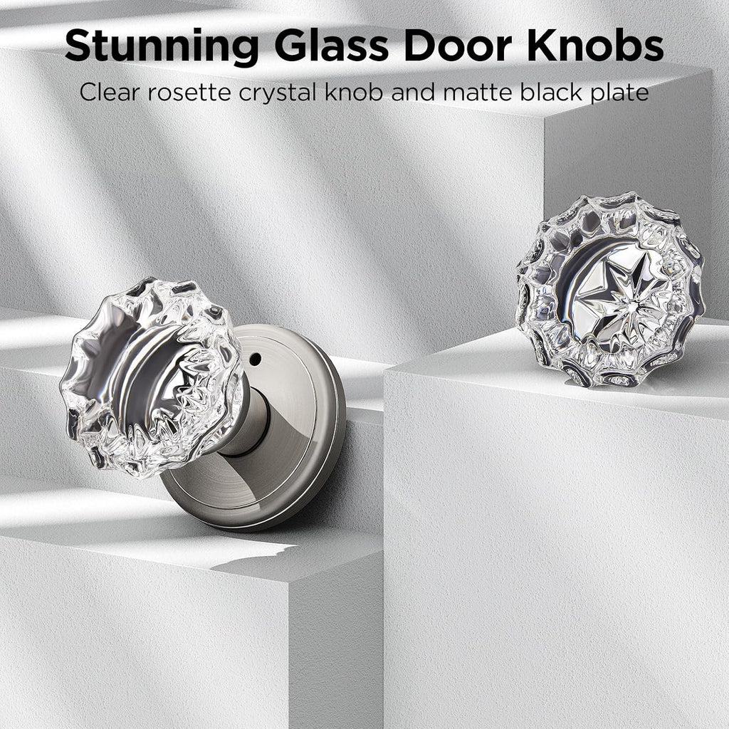 1 Pack Crystal Door Knob, Rosette Shaped Glass Door Knobs Interior with Lock, Satin Nickel Door Knobs Interior Glass