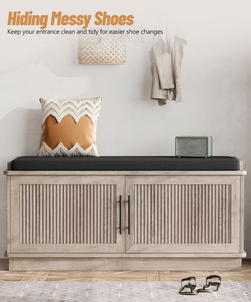 39.4" Fluted Shoe Storage Bench 2 Doors Wooden Entryway Bench Grey
