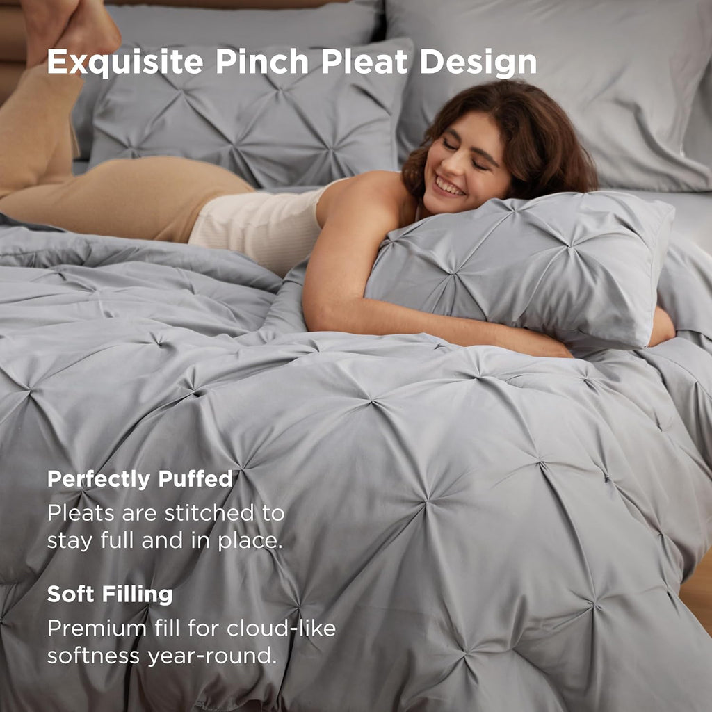 King Comforter Set - Bedding Sets King 7 Pieces, Pintuck Bed in a Bag Grey Bed Set with Comforter, Sheets
