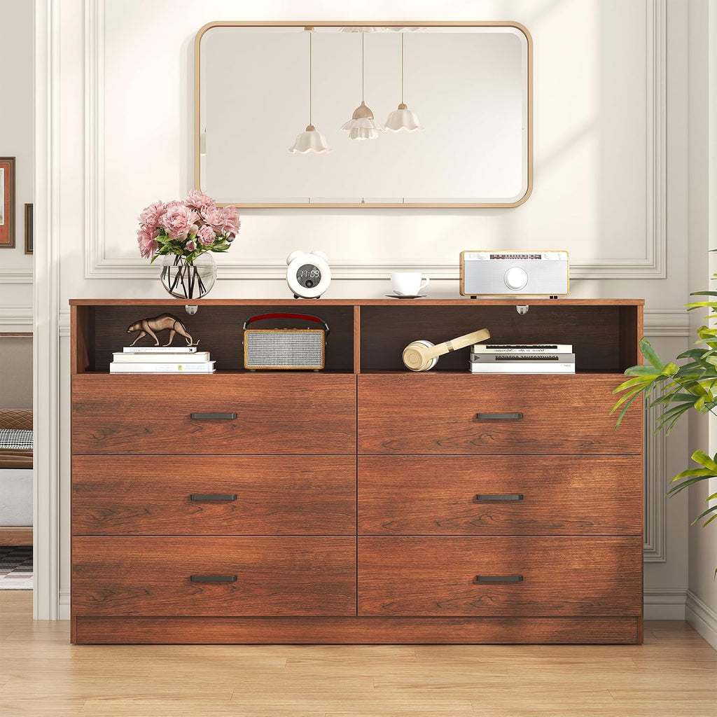 6 Drawers Dresser Wooden Drawer with Open Storage Cubby, Double Wide Dresser Organizer (Walnut Brown)
