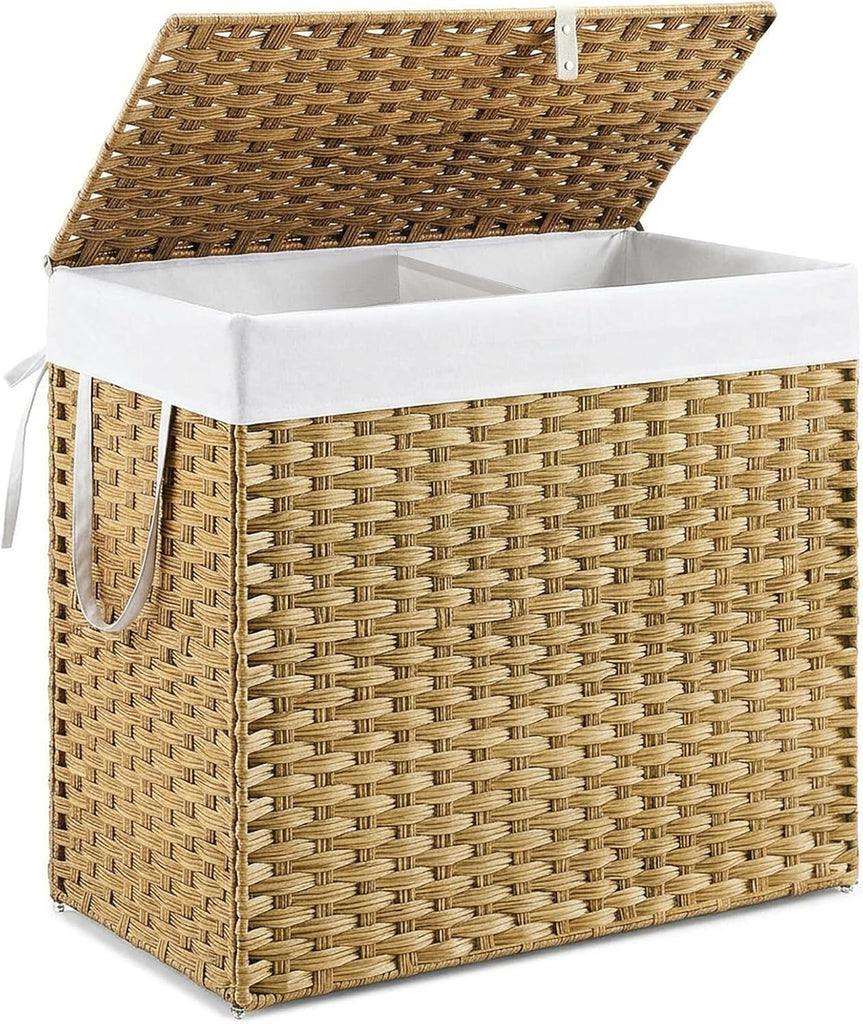110L Extra Large Divided Laundry Hamper with Lid, 2 Section Collapsible Dirty Clothes Basket, Dual Removable Liner