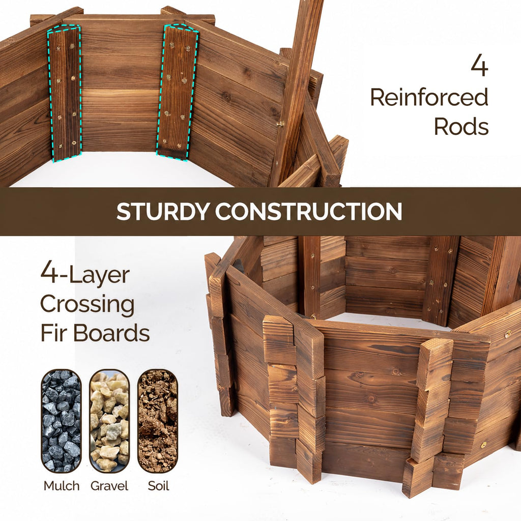 Wooden Wishing Well Outdoor Planters, Well Covers for Yard with 4 Reinforced Rods, Height Adjustable Hanging Bucket