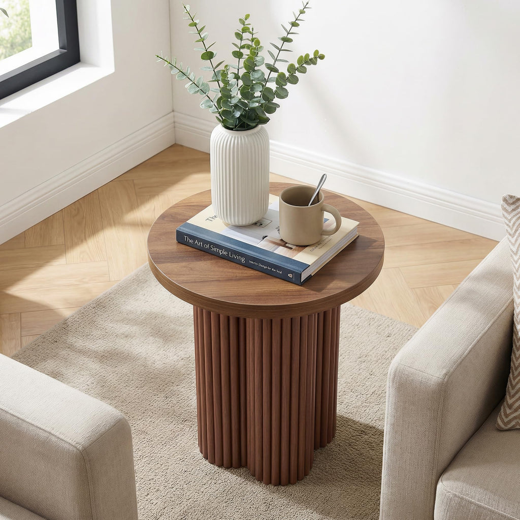 Round Fluted End Table, 17.7'' Mid Century Modern Side Table, Circle Bedside Tables Drink Table Wood Nightstand for