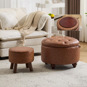 24Inch Round Storage Ottoman, Set of 2, Modern PU Leather Coffee Table with Removable Top, Upholstered Ottoman with