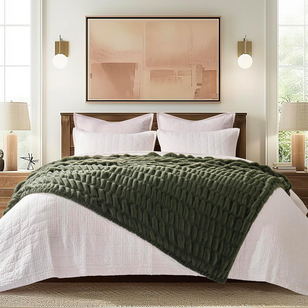 Ruched Bubble Faux Rabbit Fur Throw Blanket, 60"x80", Loden Green | Luxurious Soft Plush Reversible Blanket with