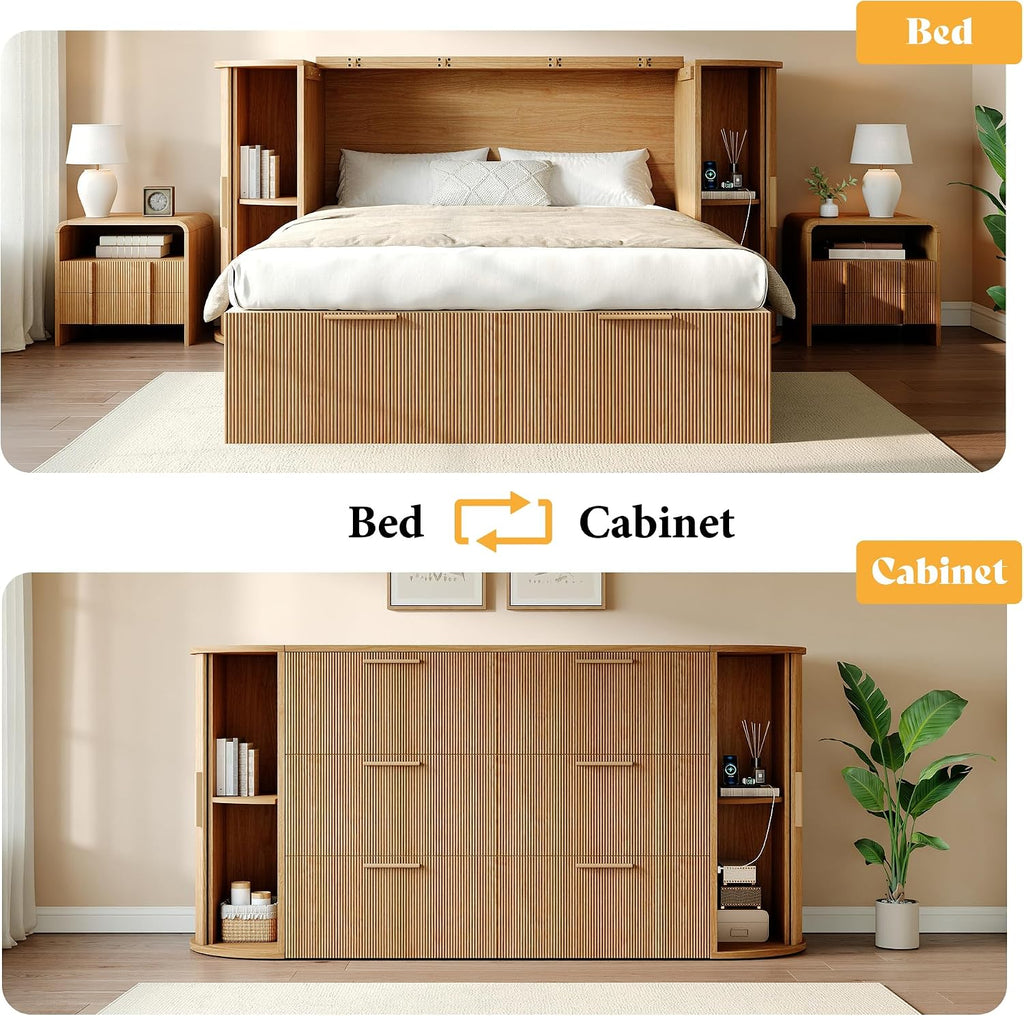 Queen Murphy Bed with Storage Bedside Shelves & Sliding Tambour Door, Modern Cabinet Bed with Charging Station &