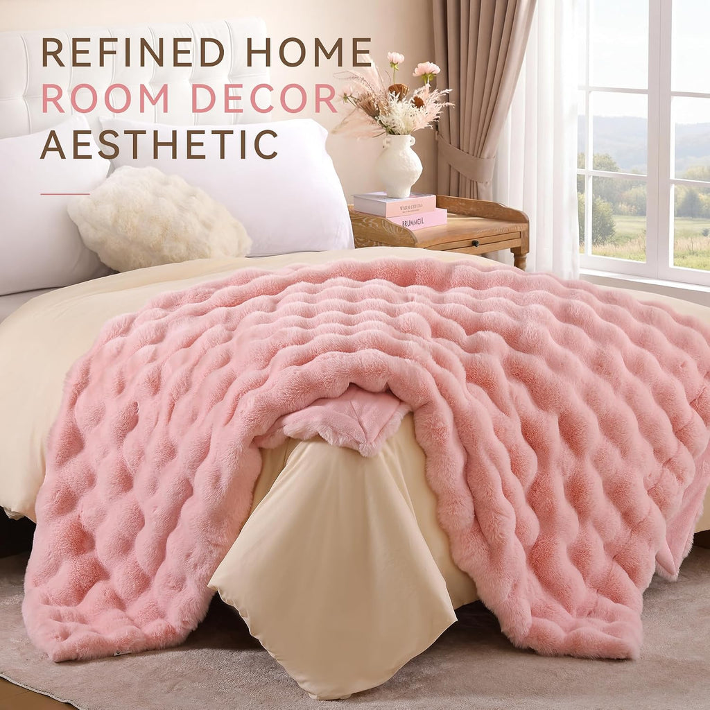 Faux Rabbit Fur Throw for Couch - Blush Pink Bubble Blanket 60"x80" | Fluffy Plush Fuzzy Throw for Sofa & Bed, Super