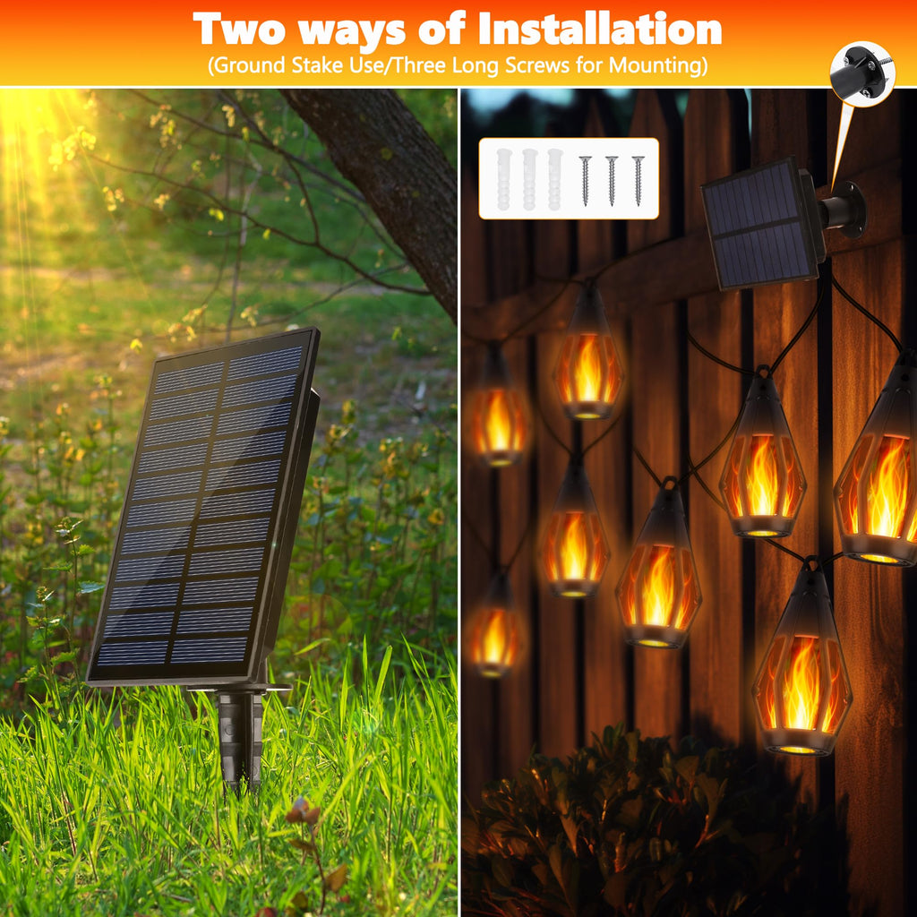 Solar Flame String Lights, 42FT 15 LED Bulbs Waterproof, Warm White