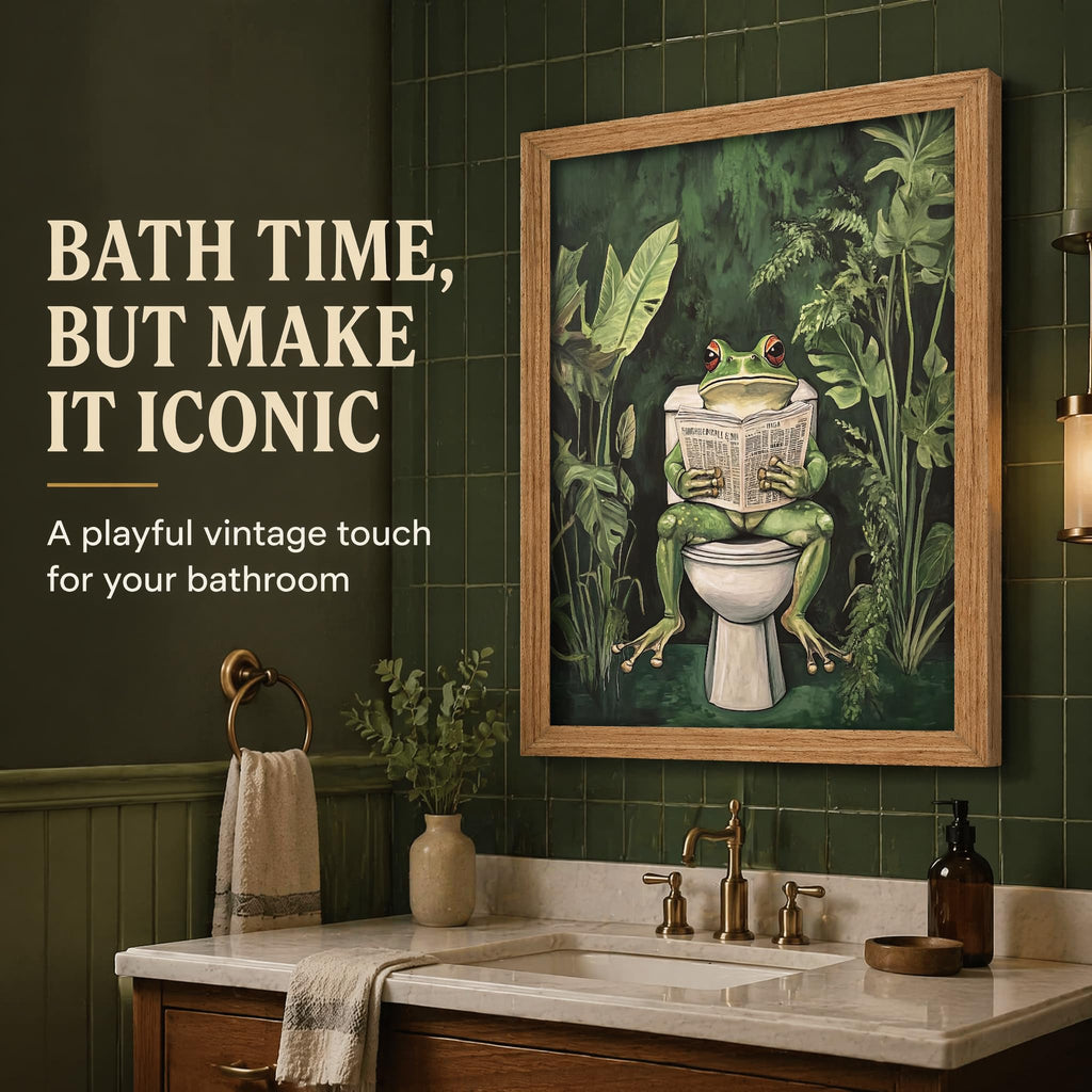 Funny Bathroom Canvas Wall Art Framed Frog on Toilet Reading Newspaper Wall Decor Tropical Green Plants Bathroom