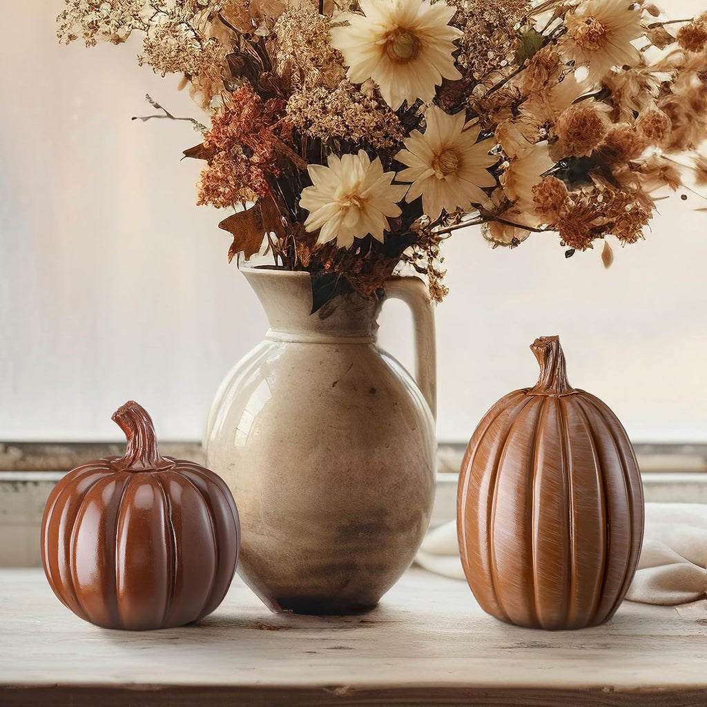 Fall Pumpkin Decor Resin Pumpkin Table Decor, Brown, Glossy - Set of 2