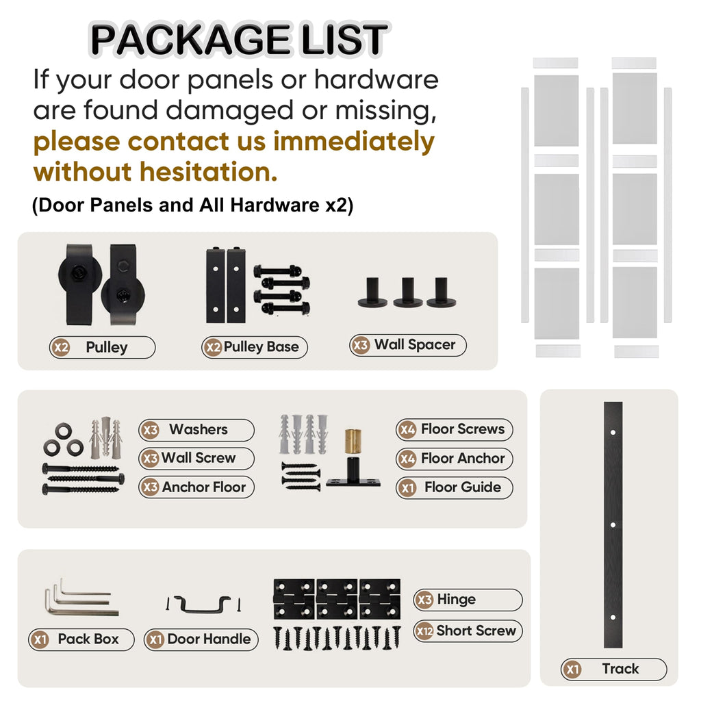 60" (30"x2) x 84" Bifold Barn Door, 3 Lites Tempered Frosted Glass Barn Door Panel with Hardware Kit Set, Solid Core