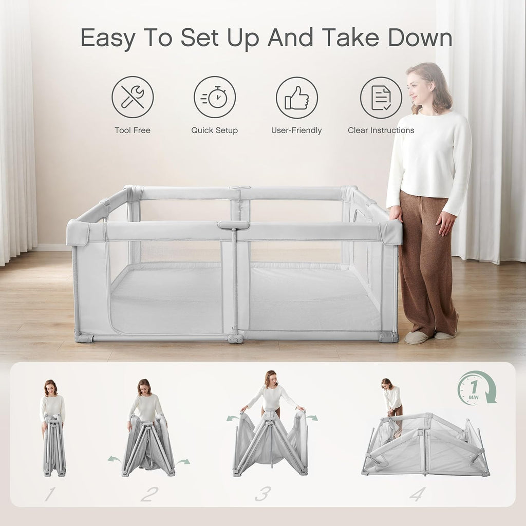 Baby Playpen, Pre-Assembled Foldable Playpen with Walk-in Door, 59"x 59" Large Baby Play Yard for Babies & Toddlers