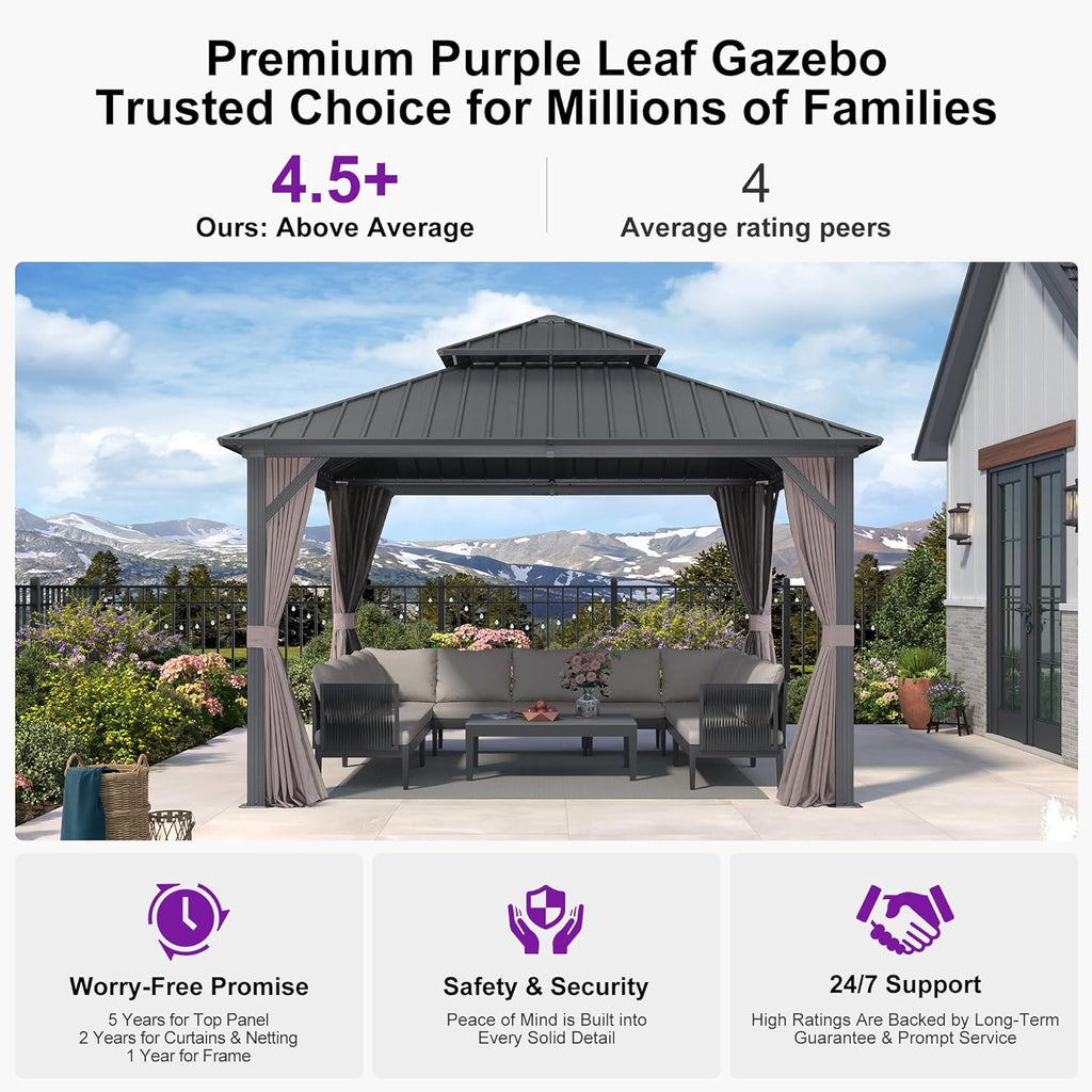 12'x12' Hardtop Gazebo with Lights Heavy-Duty Galvanized Steel Double Roof Outdoor Patio Gazebo Including Netting and