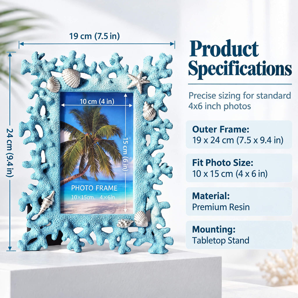 Blue 4x6 Shell Picture Frame, Resin Coral Beach Decor
