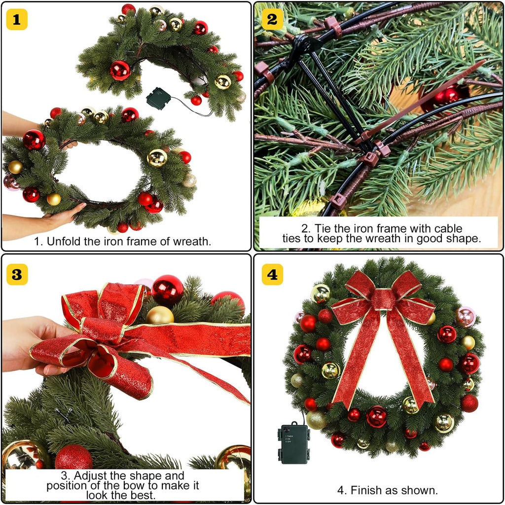 21 Inch Pre-Lit Christmas Wreath with Metal Hanger, Lighted Xmas Folded Wreath with 60 LED Lights, Red Bow