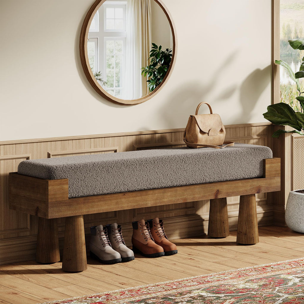 Upholstered Entryway Bench, Shoe Bench with Solid Wood Legs | Bedroom Bench with Cushion, Padded Seat End of Bed