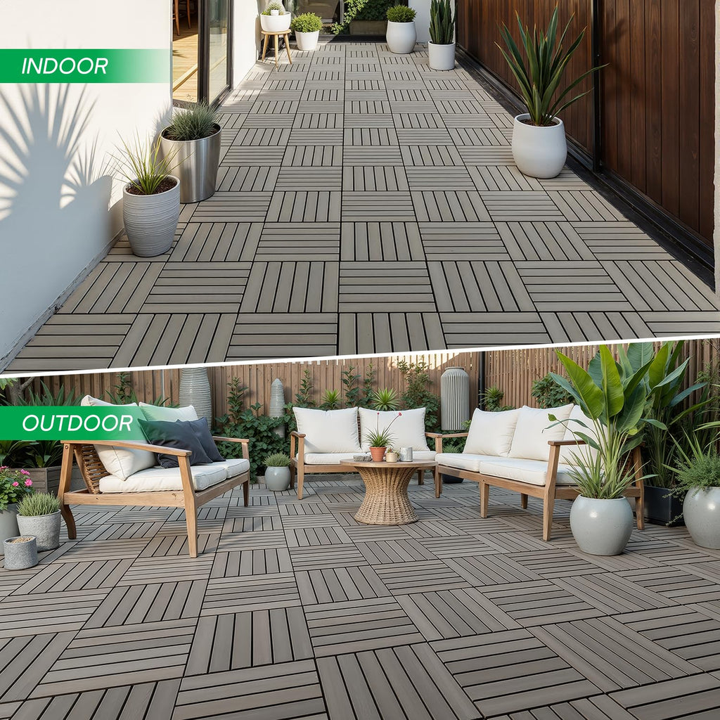 Interlocking Deck Tiles 9.6 SQFT - 10PCS Waterproof Acacia Wood Patio Tiles, Flooring Tiles for Indoor and Outdoor - 6