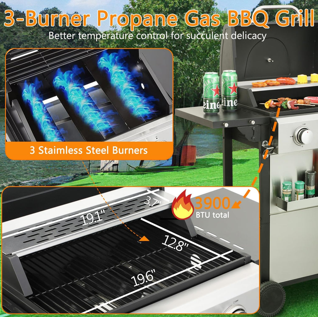 3-Burner Propane Gas Grill, 36,900 BTU Stainless Steel Cabinet Grill with Wheels, Wire Rack, and Foldable Side Tables for Outdoor Patio BBQ (Silver)