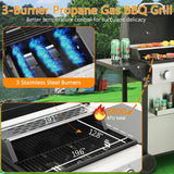 3-Burner Propane Gas Grill, 36,900 BTU Stainless Steel Cabinet Grill with Wheels, Wire Rack, and Foldable Side Tables for Outdoor Patio BBQ (Silver)