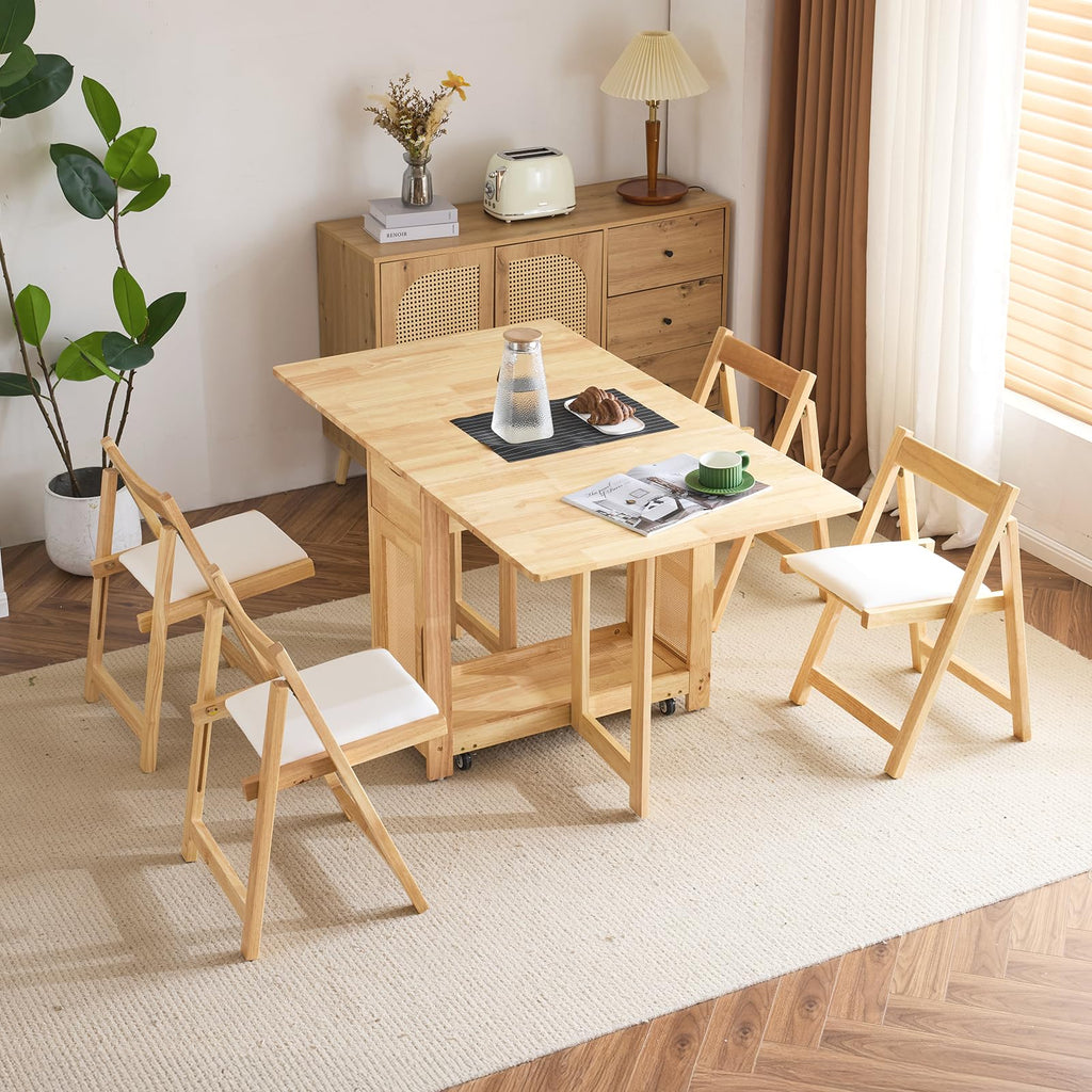 5-Piece Folding Dining Table Set, Extendable Drop Leaf Solid Wood Table with 4 Chairs, Drawers & Wheels, Space-Saving