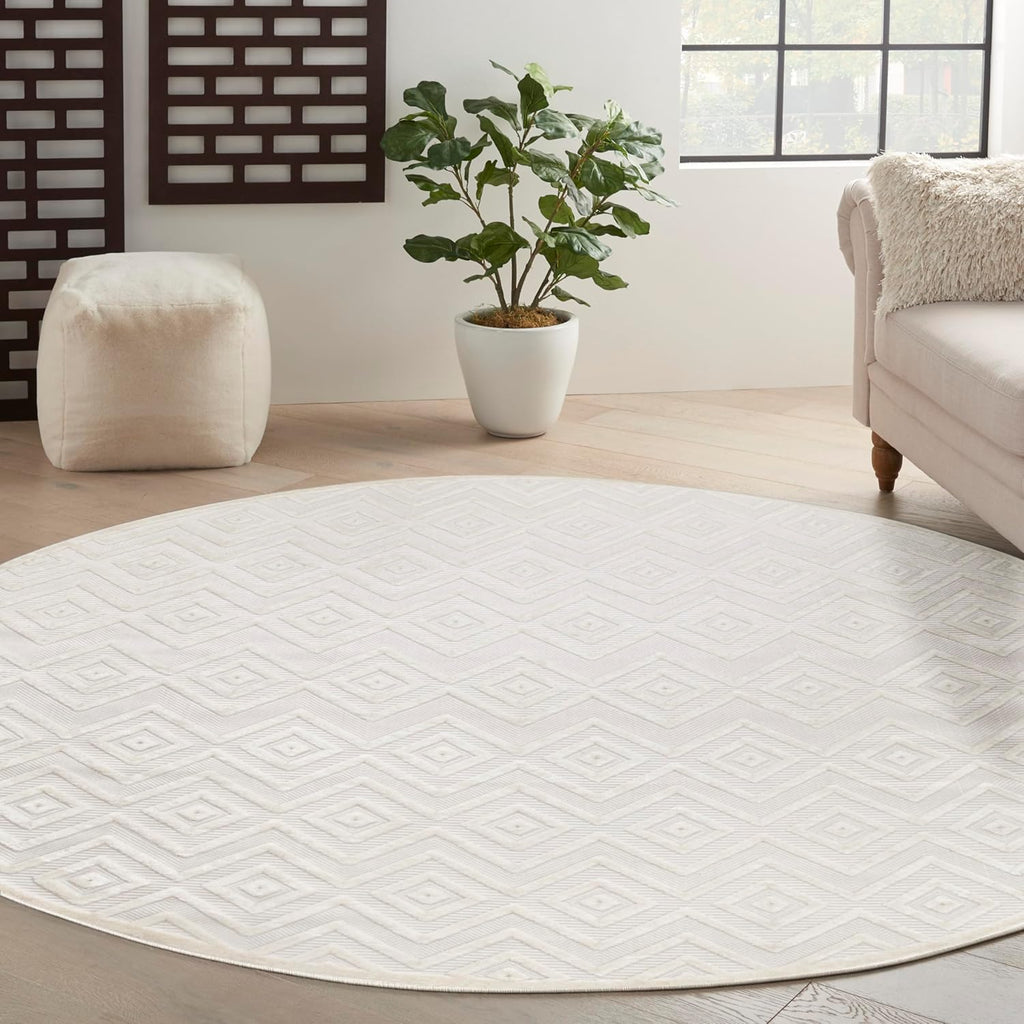 Home Versatile Ivory White 8' x Round Area Rug - Easy Clean, Non Shedding, Bed Room, Living Room, Di
