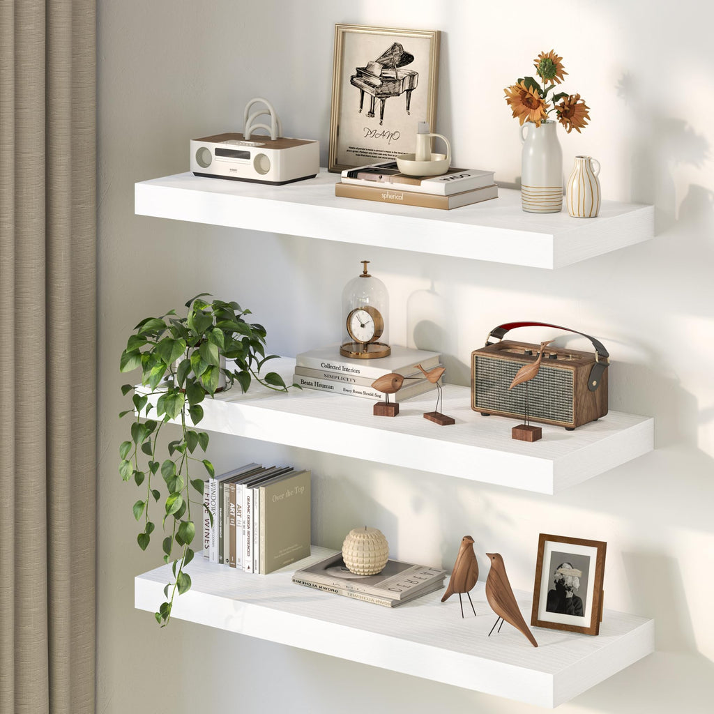 40Inch White Floating Shelves for Wall, 12 Inch Deep Shelves Wall Mounted, Rustic Wood Floating Shelf with Invisible