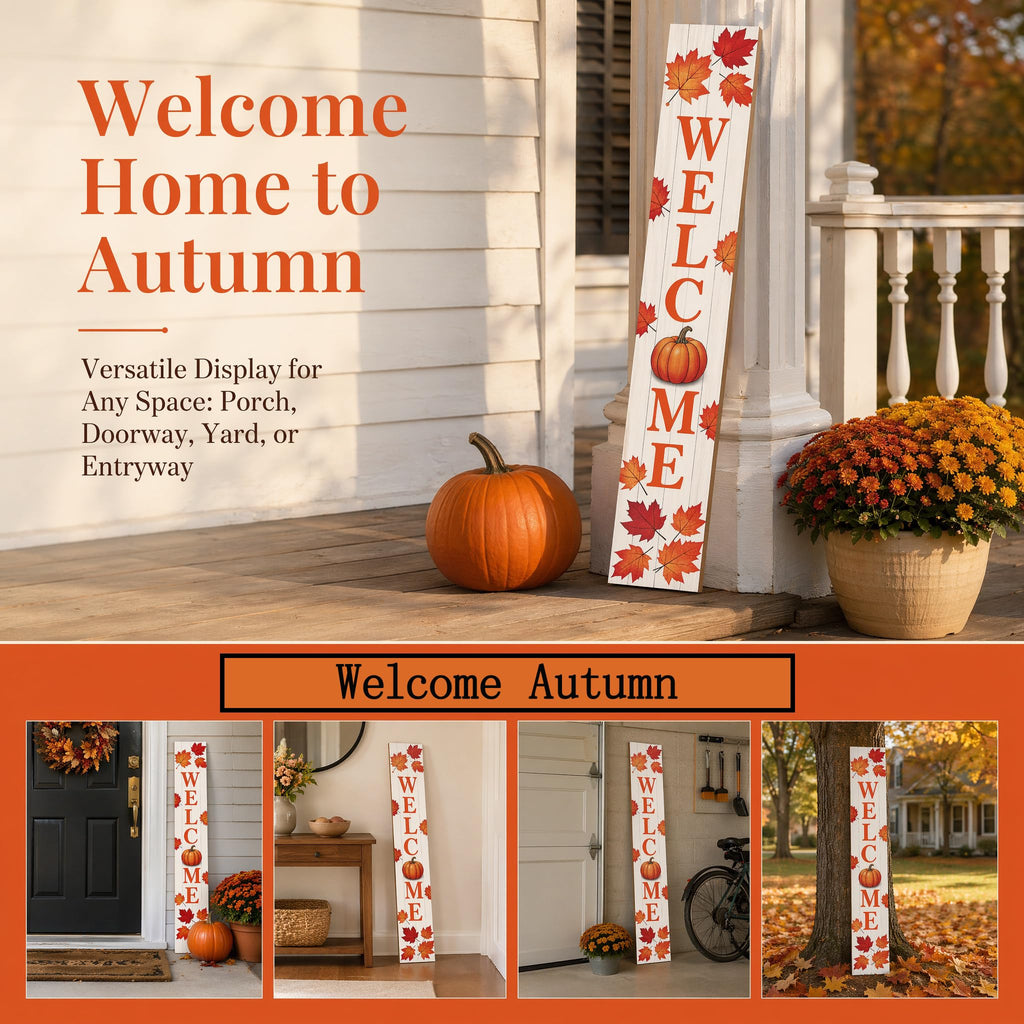 Fall Welcome Porch Sig 47" Tall Vertical Wooden Sign with Pumpkin Maple Leaves Farmhouse Rustic Autumn Thanksgiving