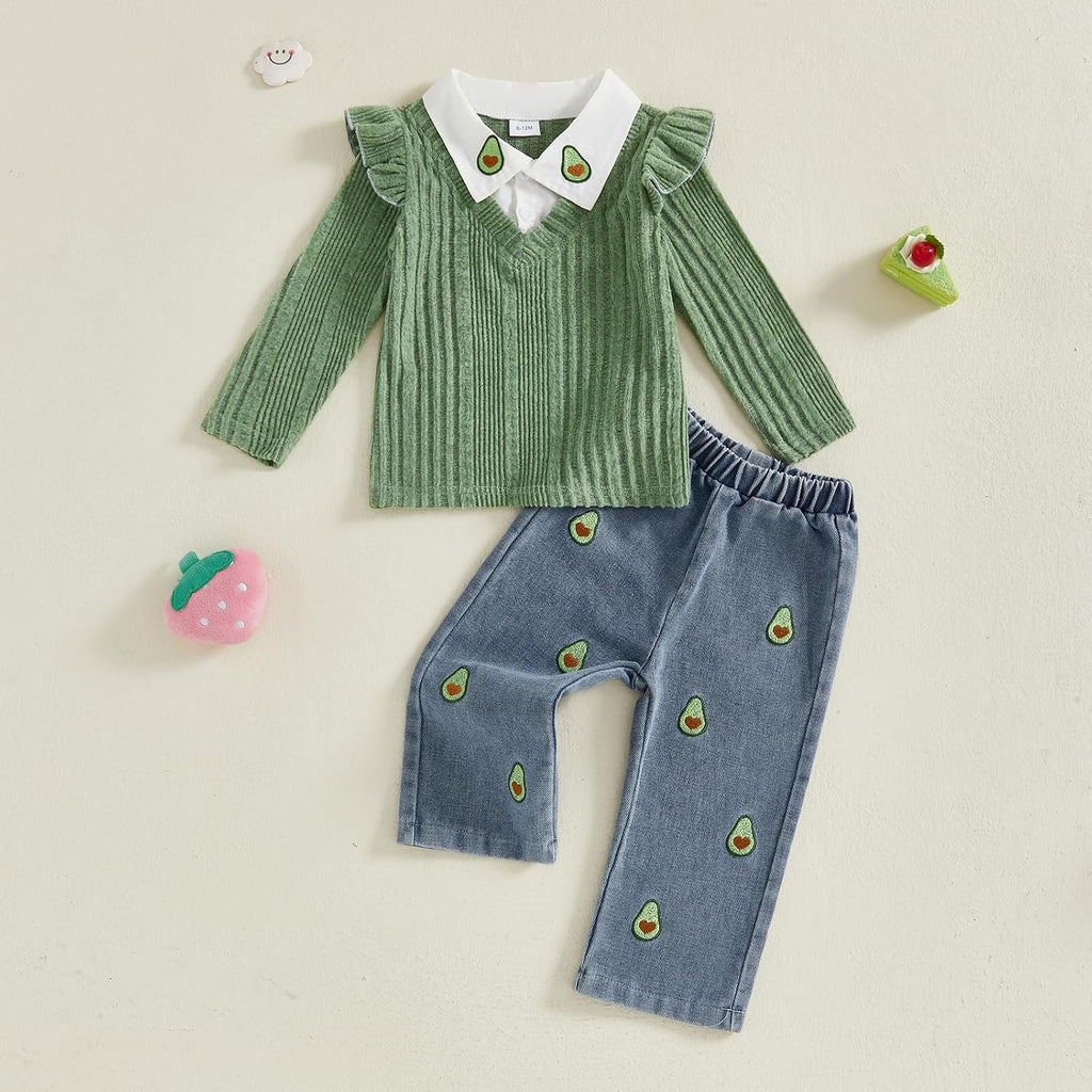 Baby Toddler Girl Outfits Ruffle Ribbed Collar Top Embroidery Jeans