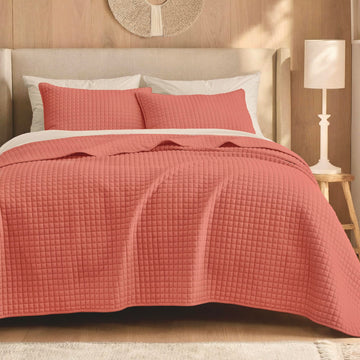 2 Piece Waffle Weave Quilt Set, Coral Lightweight Bedspread Coverlet for All Season, Ultra Soft Microfiber
