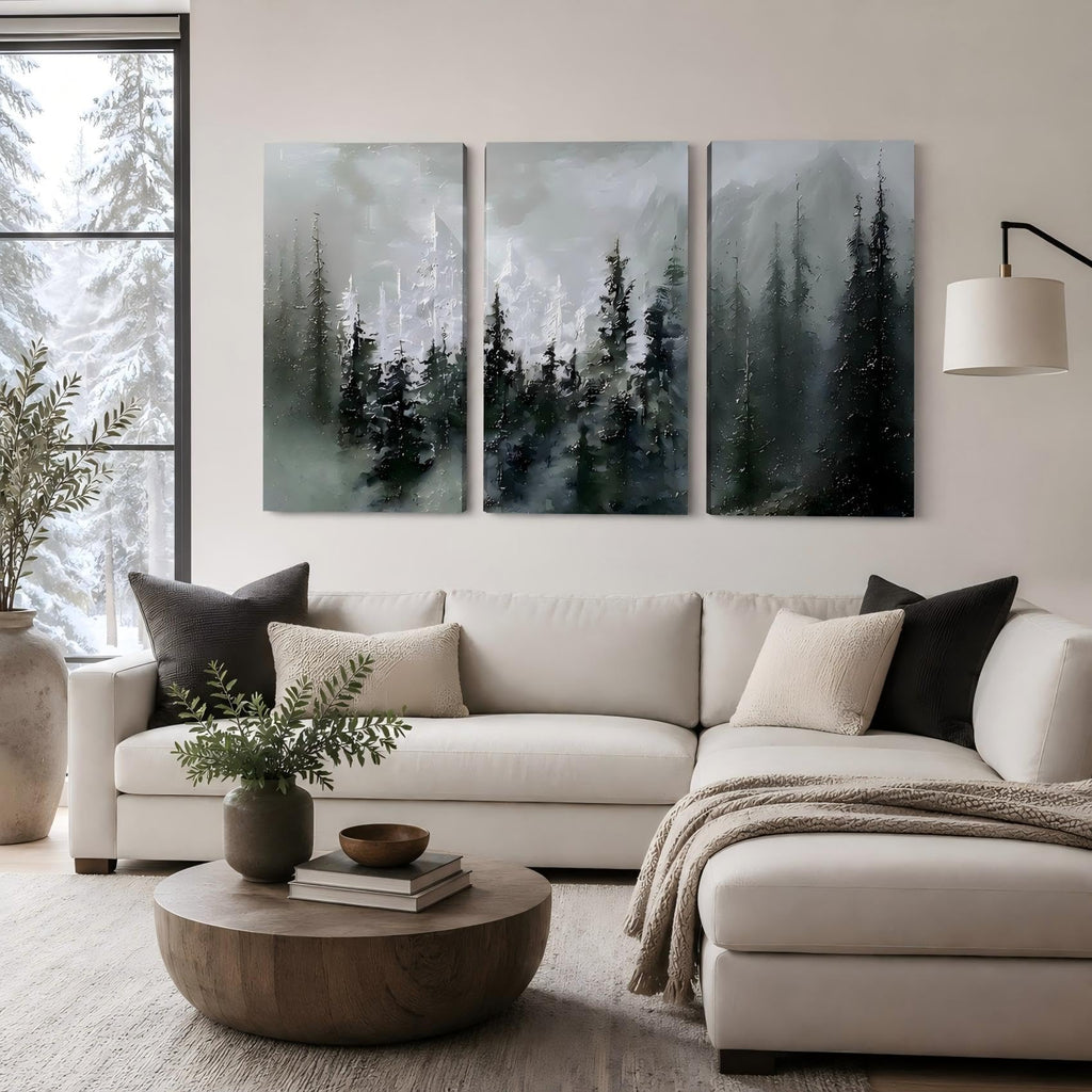 Nature Landscape Framed 3‐Panel Canvas Wall Art, Textured Impasto Foggy Conifer Forest With Misty Mountain Backdrop