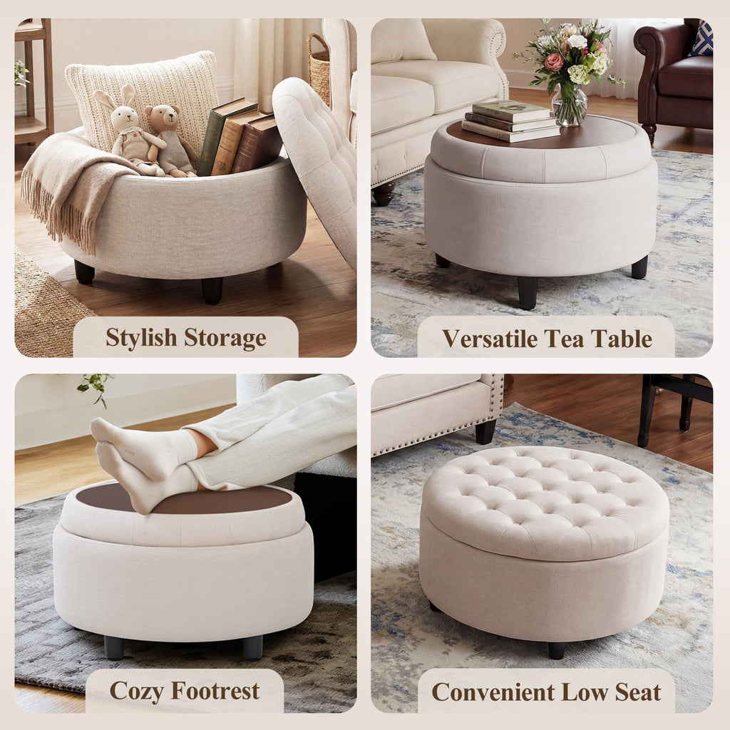 Round Hidden Storage Ottoman with Reversible Tray Lid - Multi-Functional Footrest, Sturdy & Stylish Fabric Coffee