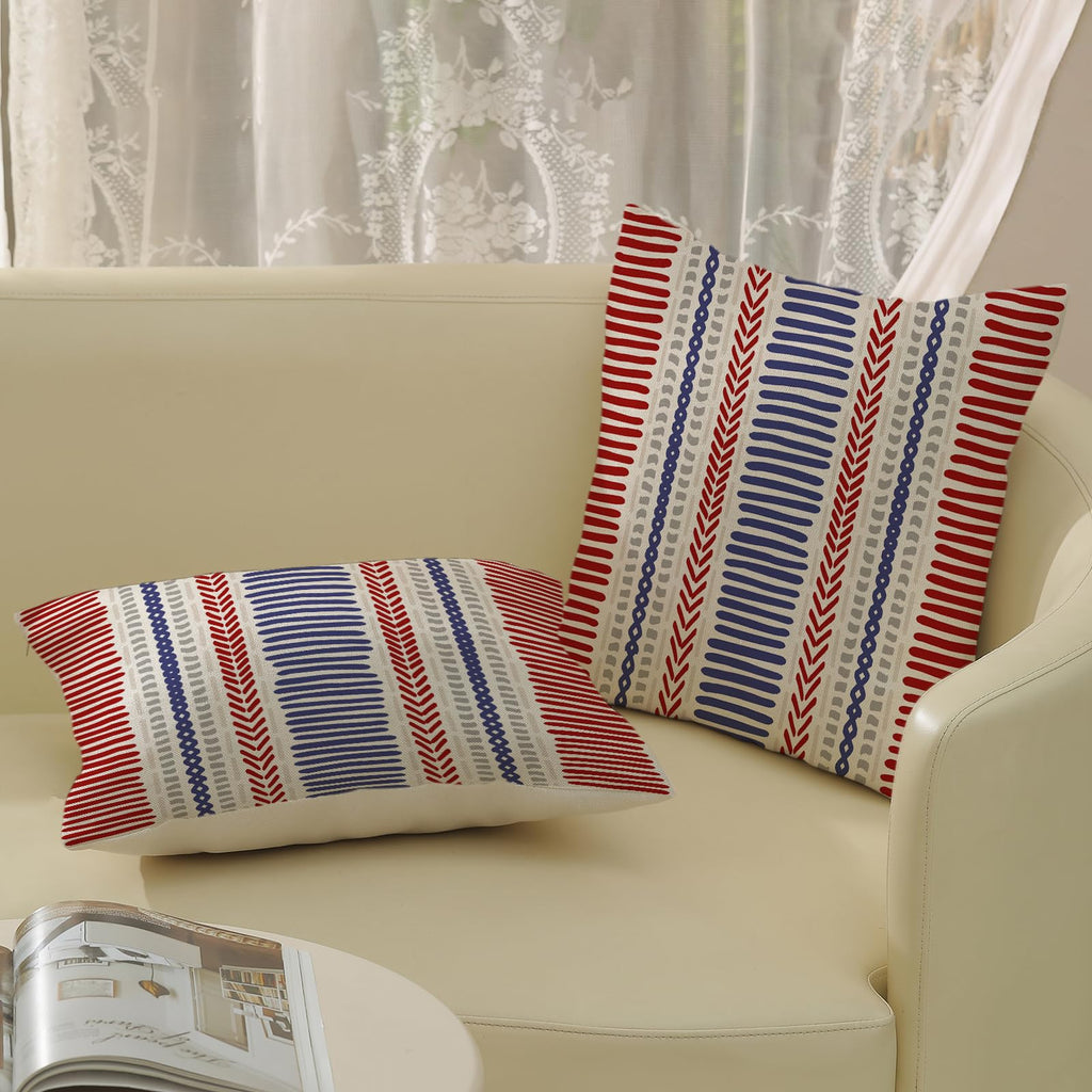 4th of July Red Blue Pillow Covers 18x18 Inch 2 Pcs Boho Polka Dots Striped Patriotic Decor Throw Pillows Modern