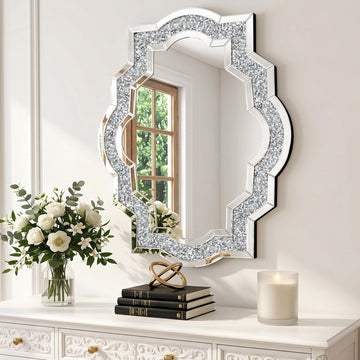 27.5" x 35.4" Ornate Crushed Diamond Wall Mirror, Silver Decorative Mirror, Modern Glam Wall Mounted Mirror Home Decor