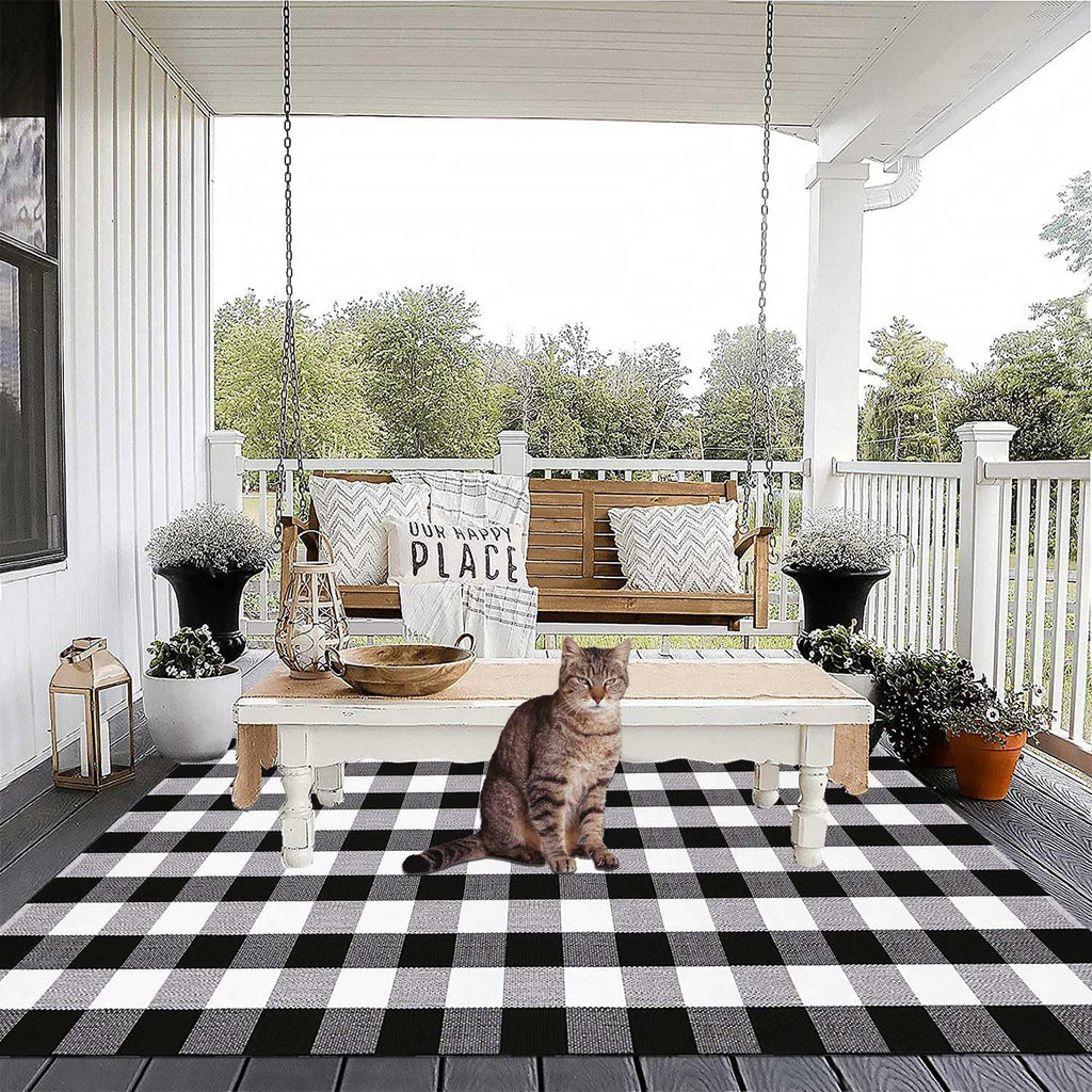 Buffalo Plaid Outdoor Rug Washable Rugs,Black and White Checkered Rug,Cotton Hand-Woven Indoor or Outdoor