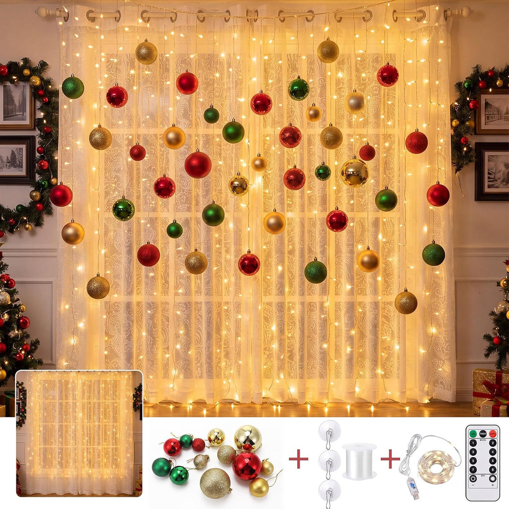 30 Pcs Christmas Ball with 300led Curtain Fairy Light Remote Control