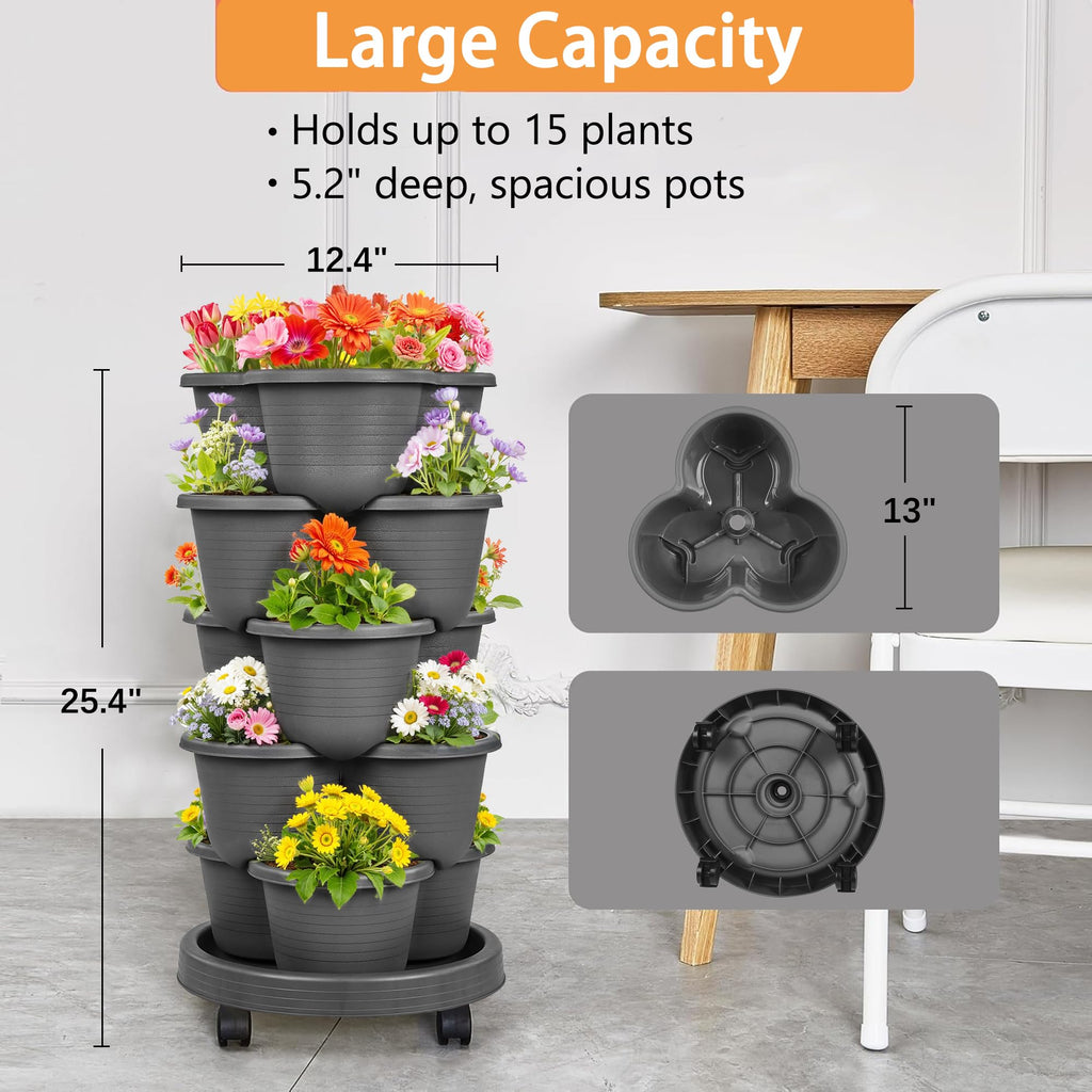 5 Tier Vertical Garden Planter, Self Watering Stackable Planters with Wheels for Strawberries, Herbs, Flowers