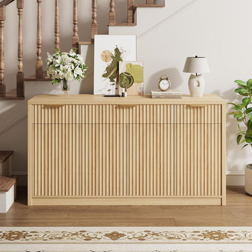 55" Buffet Sideboard Cabinet, Modern Fluted Storage Cabinets Natural | Wood Coffee Bar Storage Cabinet with 3 Drawers