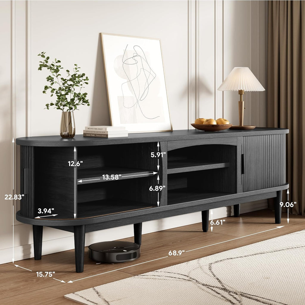 Mid Century TV Stand for TVs up to 80 Inches, Entertainment Center with Storage, Power Outlet, Fluted Sliding Doors &