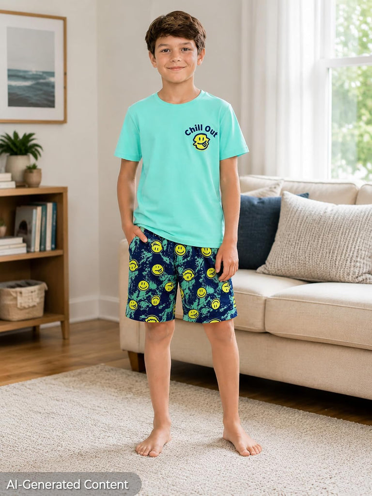 Boys Pajamas, Teal & Navy Face Short-Sleeve and Shorts
