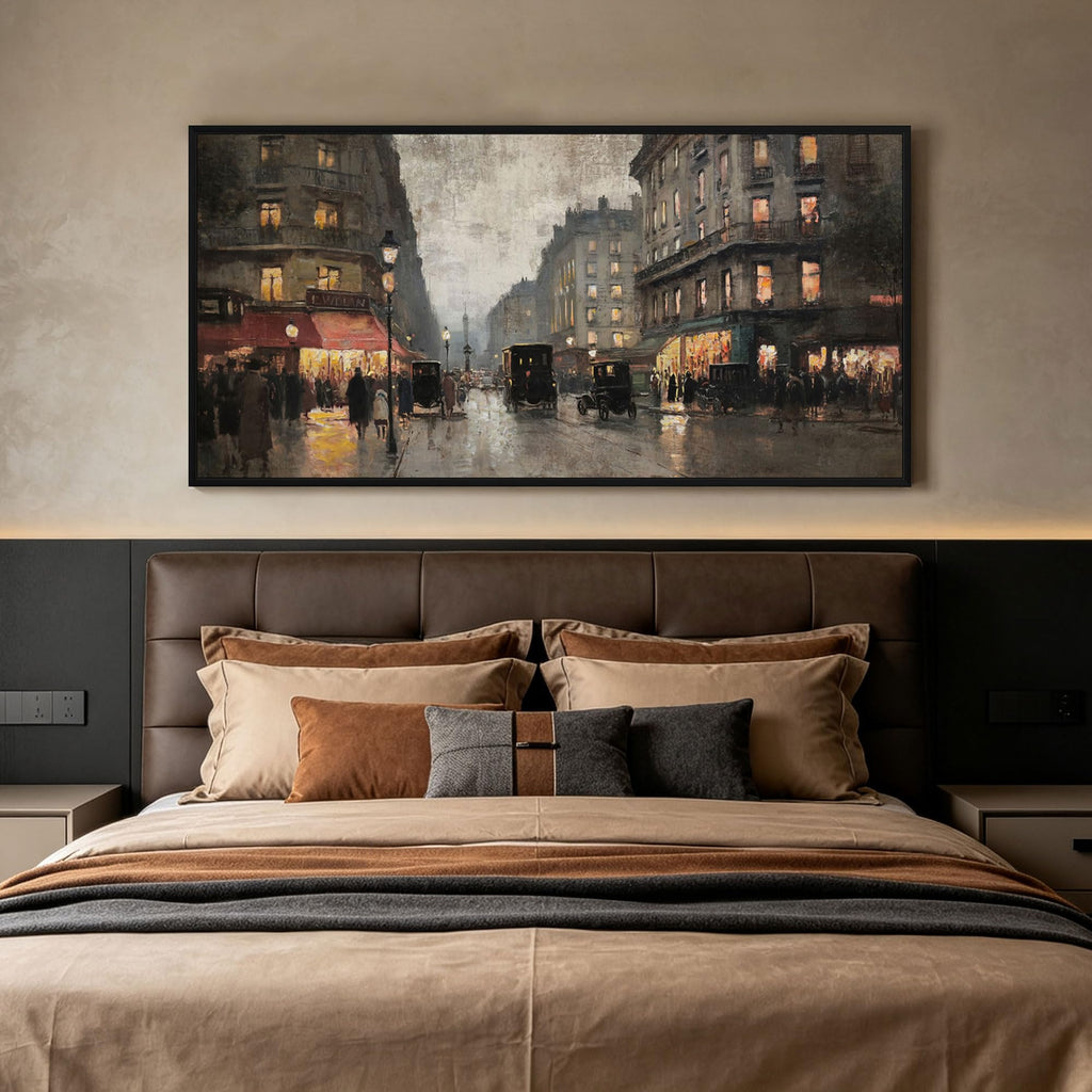 Vintage Paris Street Canvas Print Black Framed Wall 58x29 Inch