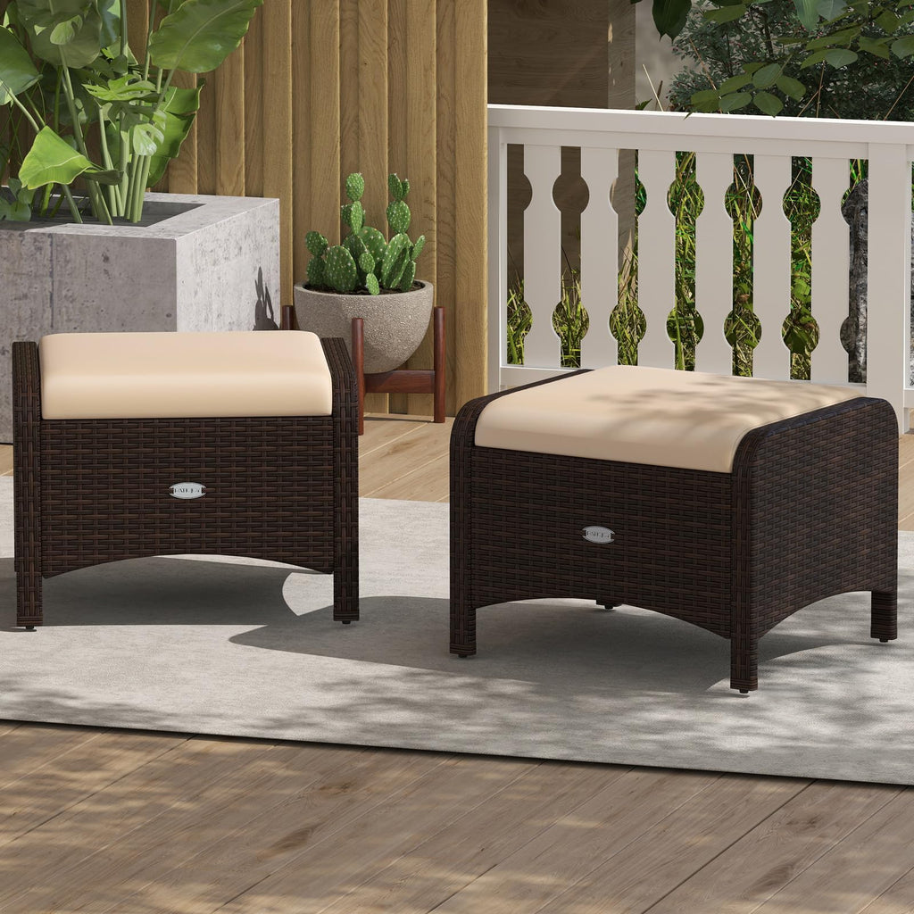 Wicker Outdoor Ottomans - Set of 2 Rattan Footstools w/Removable Cushions, Multipurpose Outside Foot Rest, Side Table
