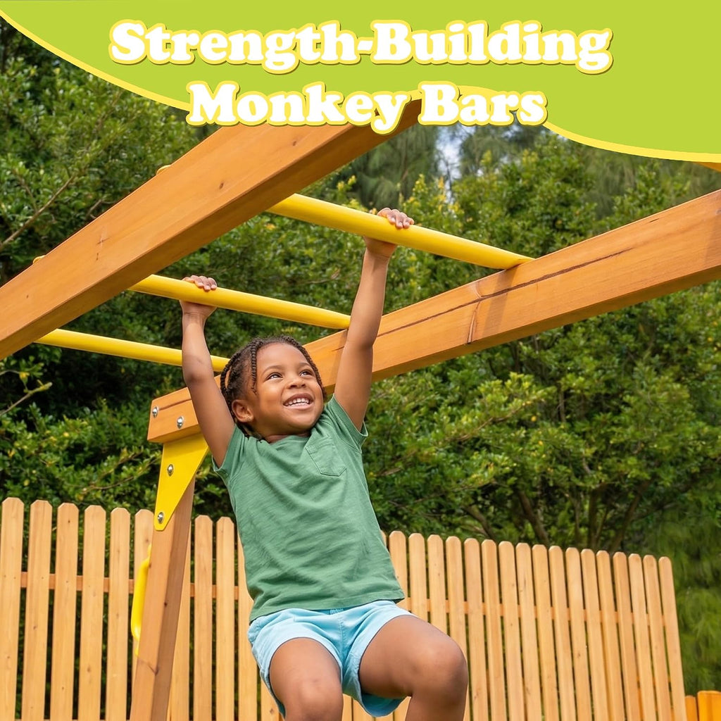 Wooden Playground Sets Backyards, for Ages 3-6 | Swing Set with Monkey bar, Outdoor Playset with Wave Slide, Rock