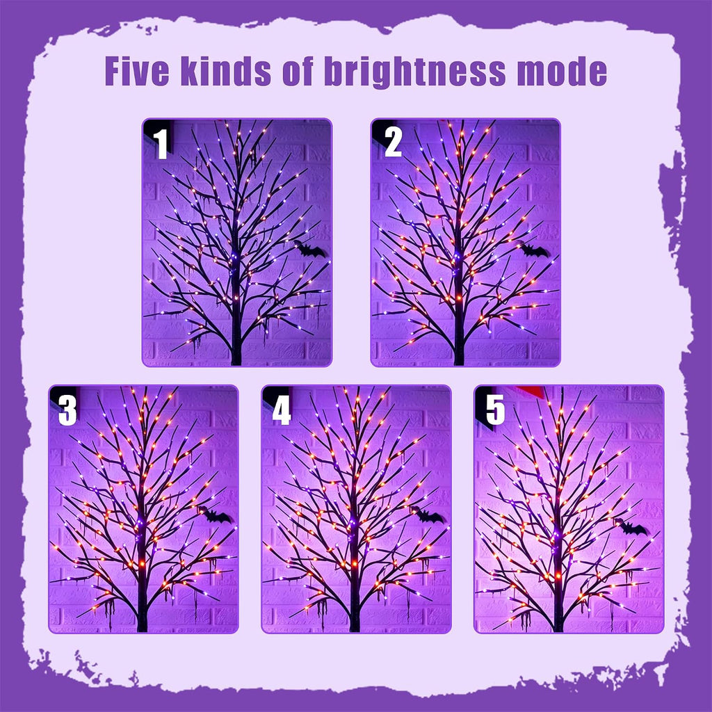 FT Halloween Lighted Black Birch Tree, Total 288 LED Purple and Orange Spooky Tree with Timer, Waterproof - Set of 2