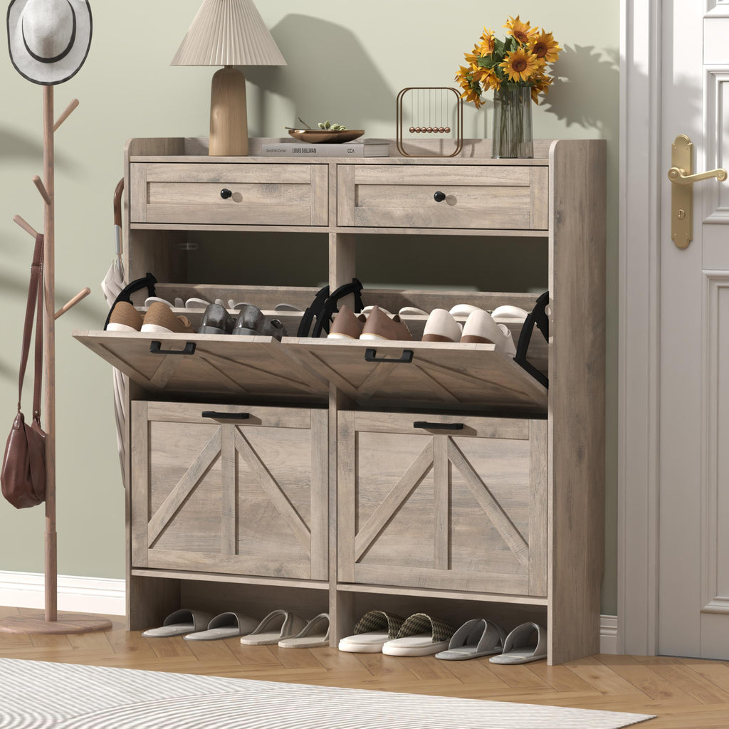 Shoe Cabinet with 4 Flip Drawers & 2 Storage Drawers, Rustic Farmhouse Narrow Shoe Organizer Cabinet, Slim Shoe Rack