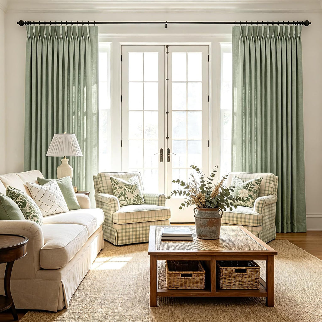Privacy Pinch Pleated Linen Curtains W70xL102 Inch 1 Panel for Living Room Bedroom Light Filtering Semi Sheer Sage