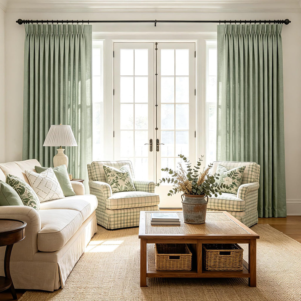 Pinch Pleated Linen Curtains 96 Inches Long 2 Panels Bedroom Light Filtering Semi Sheer Sage Green Drapes Back Tab