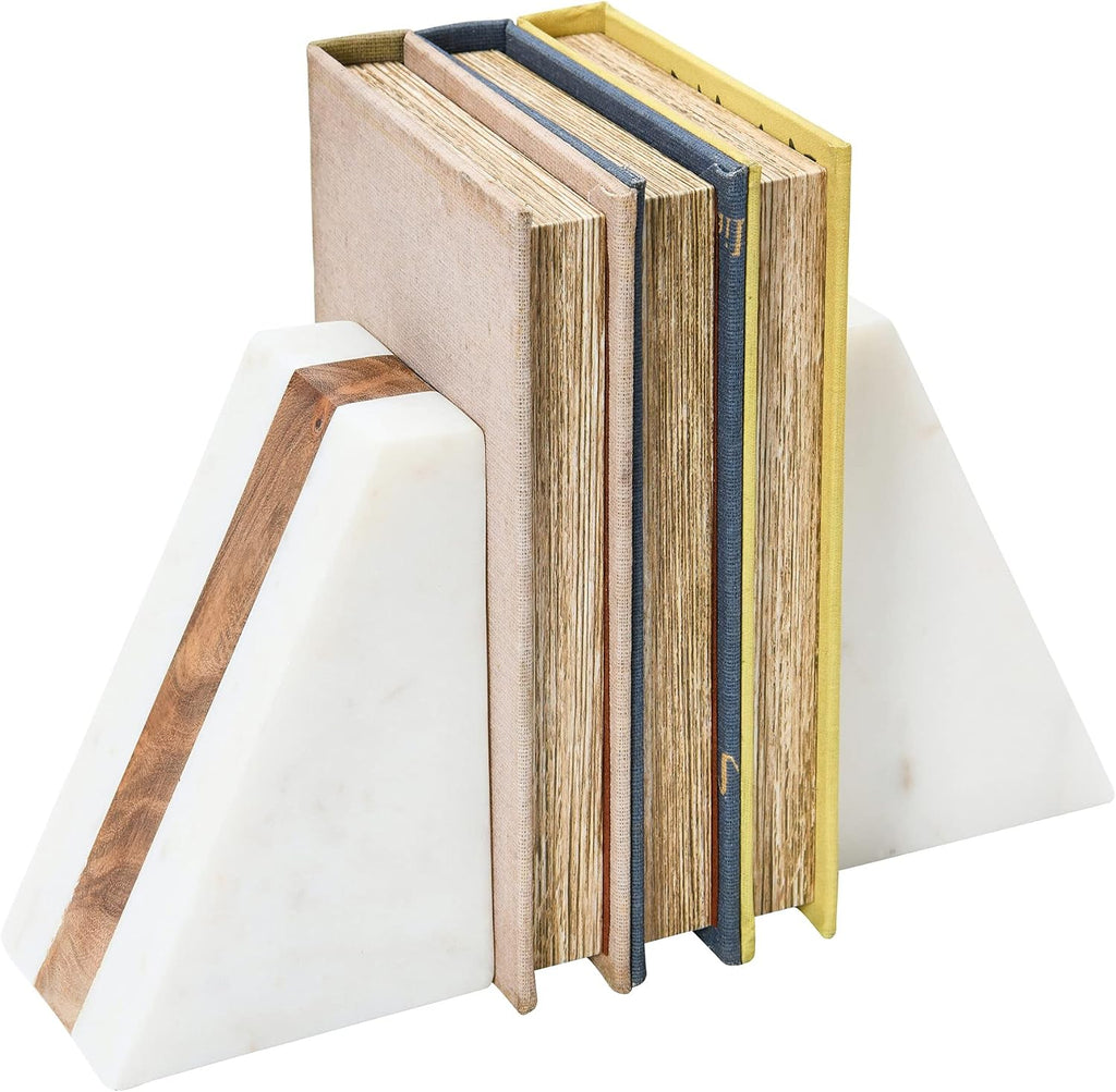 Marble Geometric Bookends with Wood Inlay, White