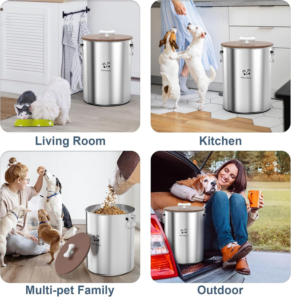 25 Lbs Stainless Steel Dog Food Storage Container with Airtight Wooden Lid & Ceramic Bone Handle, Large Metal Dog