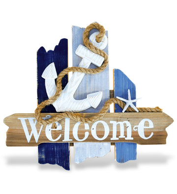 Atlantic Anchor Welcome Nautical Decor Sign - Nautical Themed Wood Sign, Beach Decor for Wall, Novelty White and Blue